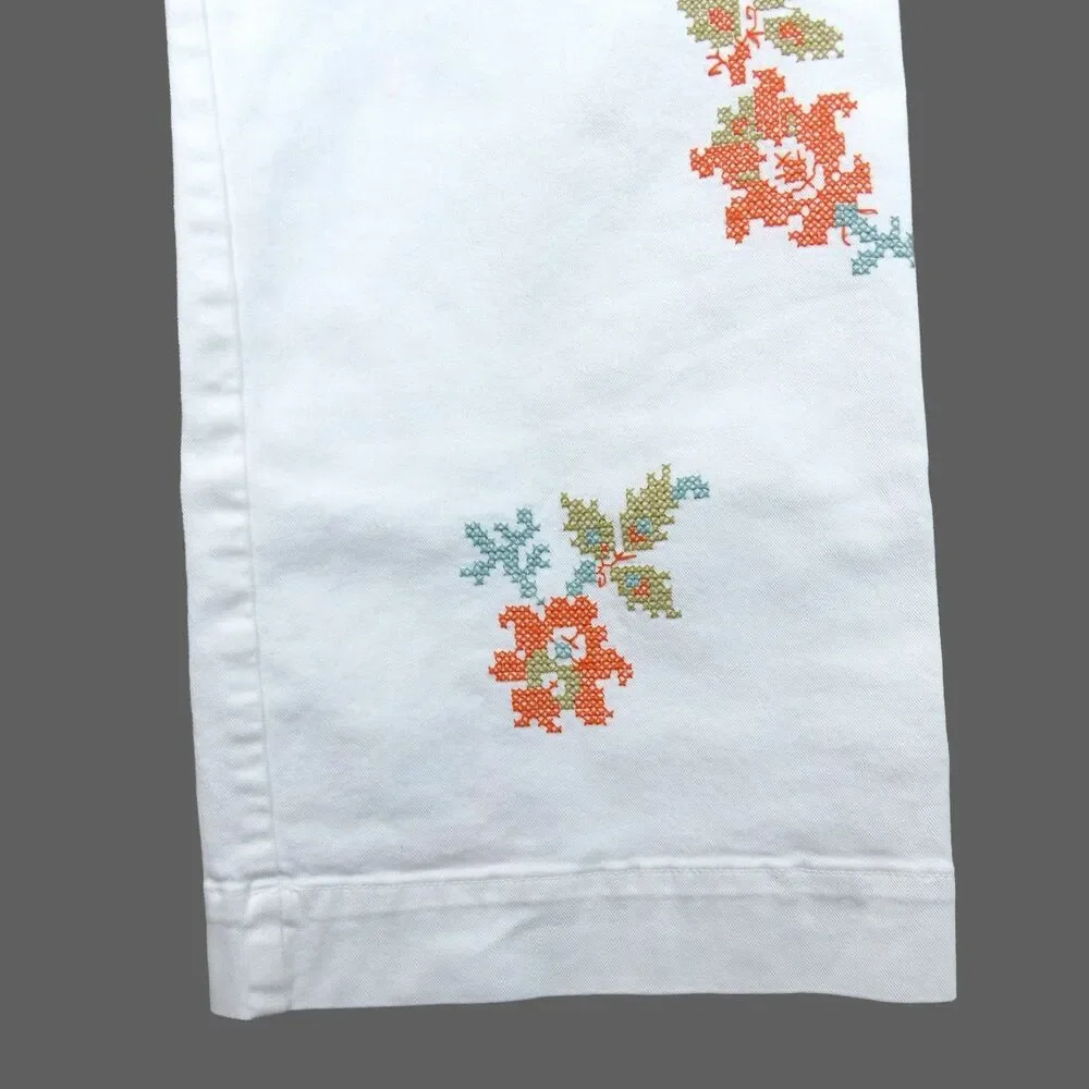 Maeve Anthropologie Colette Jeans 30 White Floral Embroidered Crop Wide Leg Boho